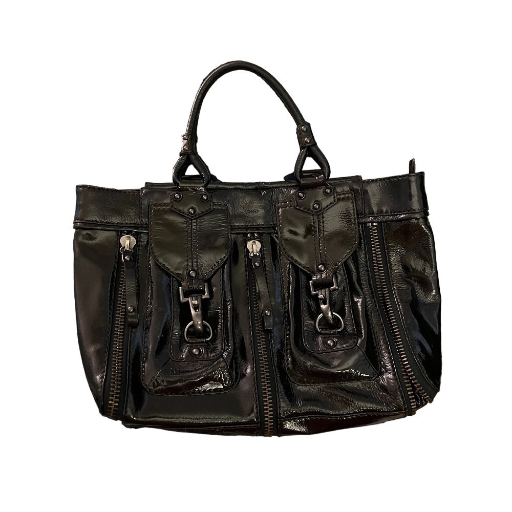 Gianni Bini Black Patent Leather Large Handbag with Fleur de Lis Lining​​​​​​
